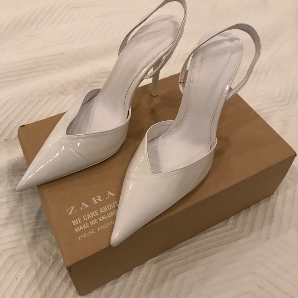 Patent White slingback heels